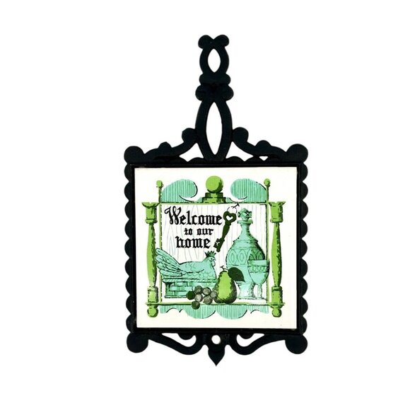 Vintage Cast Iron Ceramic Tile Trivet Sign Welcome to Our Home Rooster Japan - Picture 5 of 7